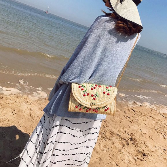 Cherry Straw Cross Body Purse with Chain - Picture 6 of 7